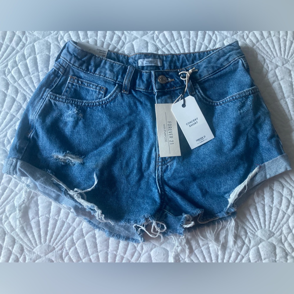 Forever 21 Women Denim Distressed Shorts  Mid Rise Slim Fit Concert Shor…